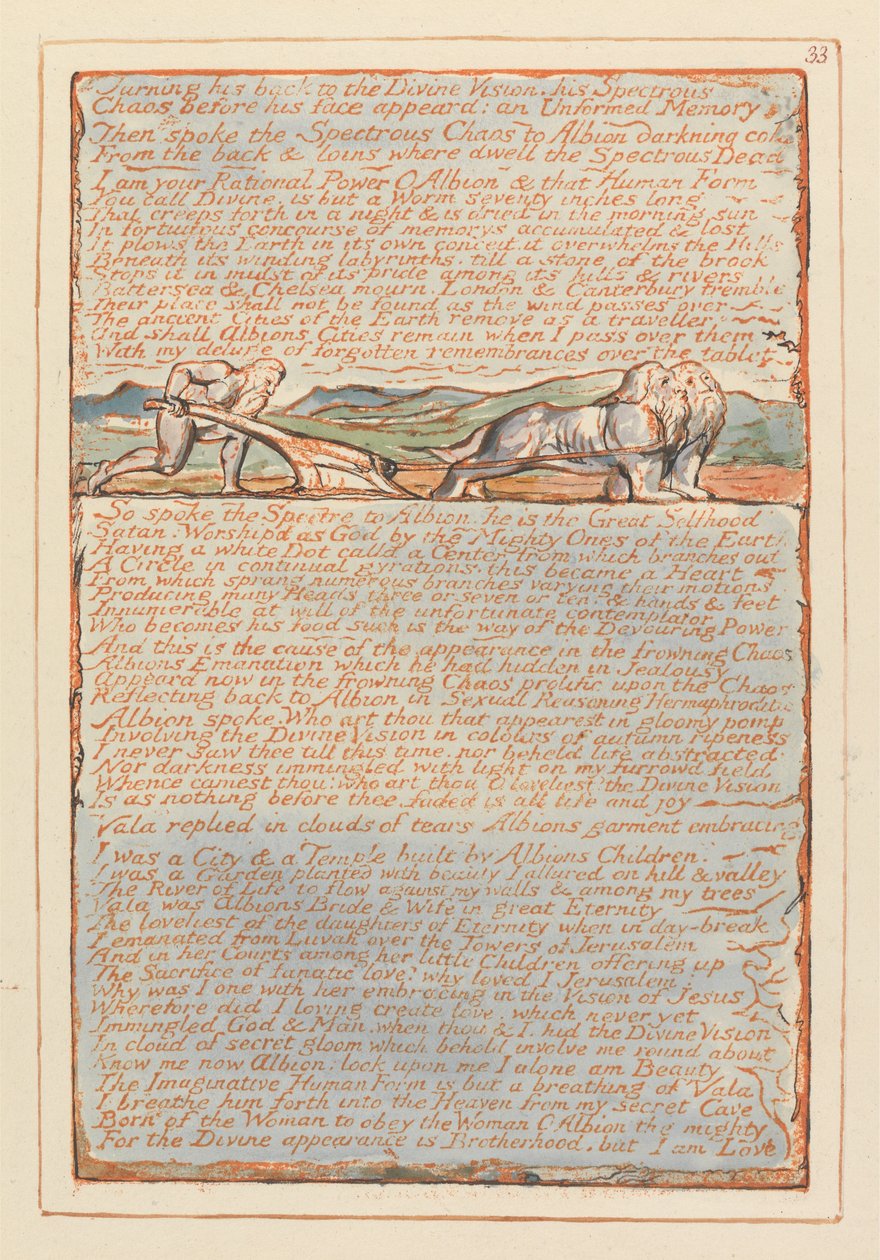 Jerusalem, tallrik 33, vänder ryggen till den gudomliga visionen .... av William Blake
