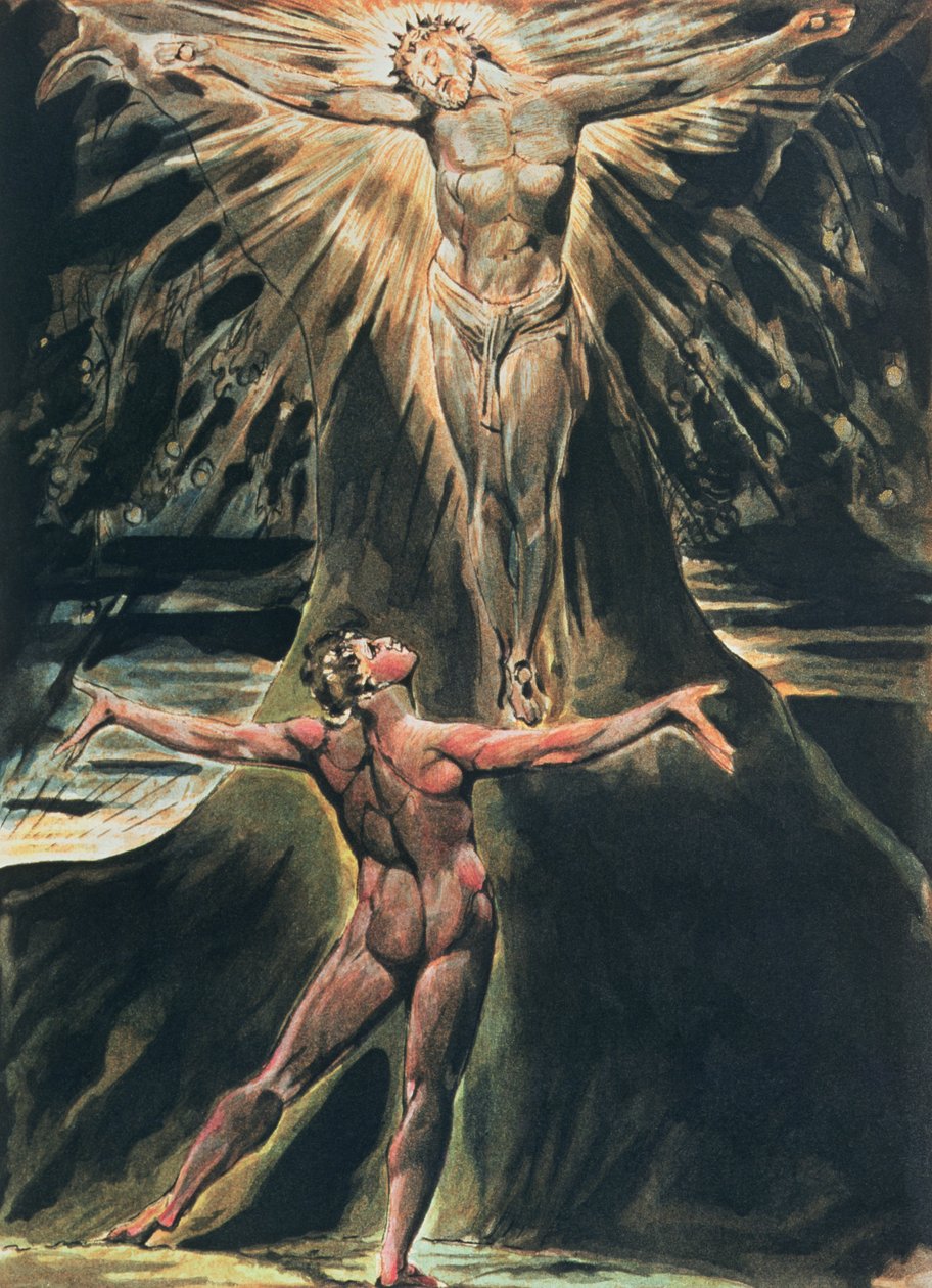 Jerusalem The Giant Albion Emanation; plåt 76 Albion före Kristus korsfäst på kunskapens träd och gott och ont, 1804-20 (reliefetsning avslutad med wc) av William Blake