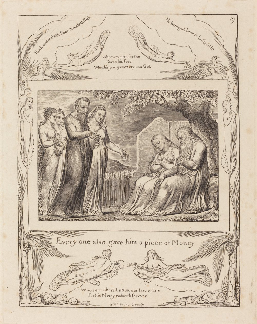 Job tar emot välgörenhet av William Blake