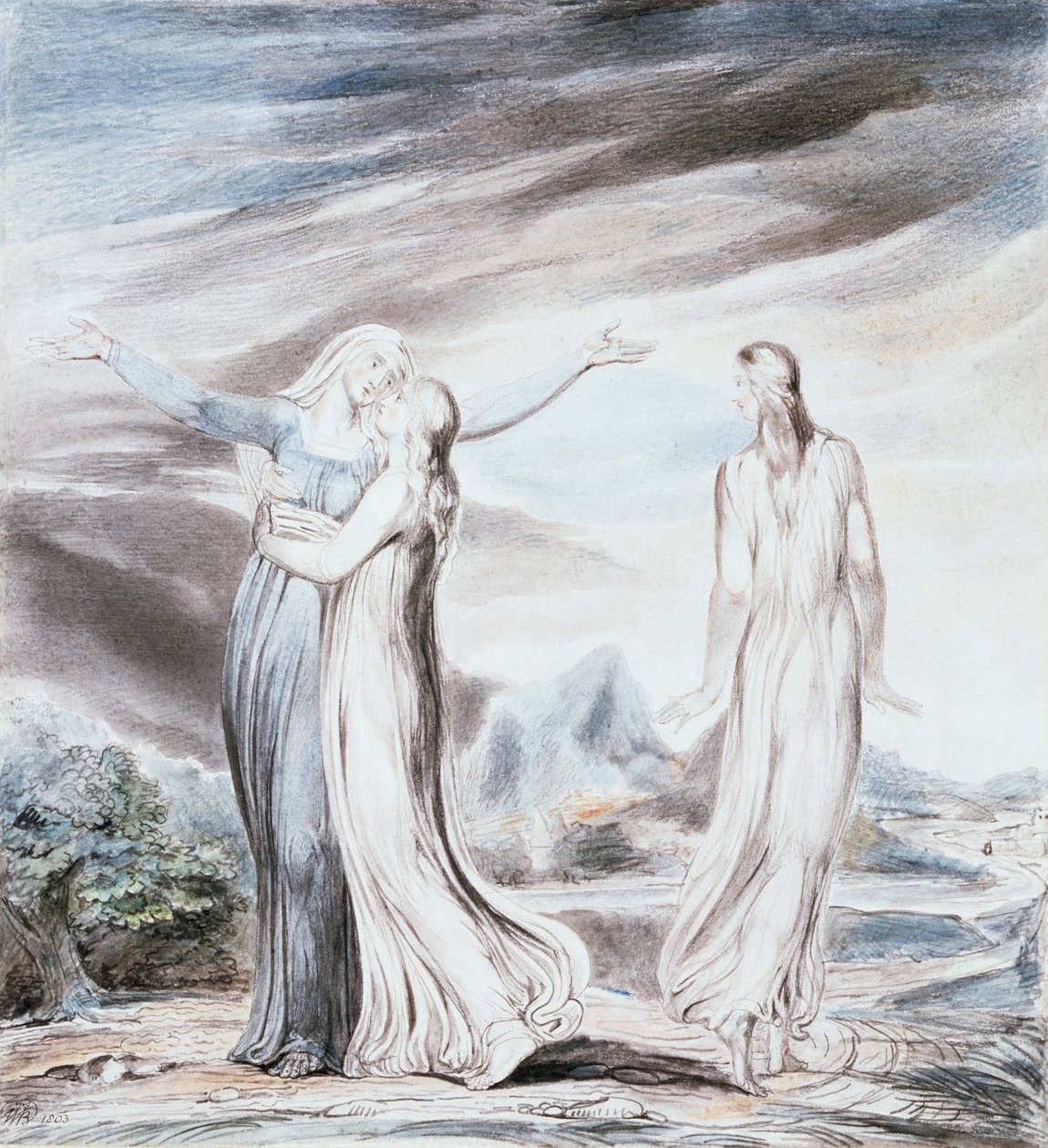 Noomi vädjar till Rut och Orpa att återvända till Moabs land av William Blake