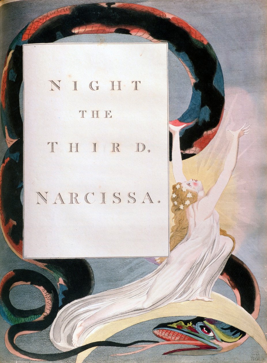 Night the Third Narcissa, titelsida från Edward Youngs Nights Night Thoughts, c1797 av William Blake