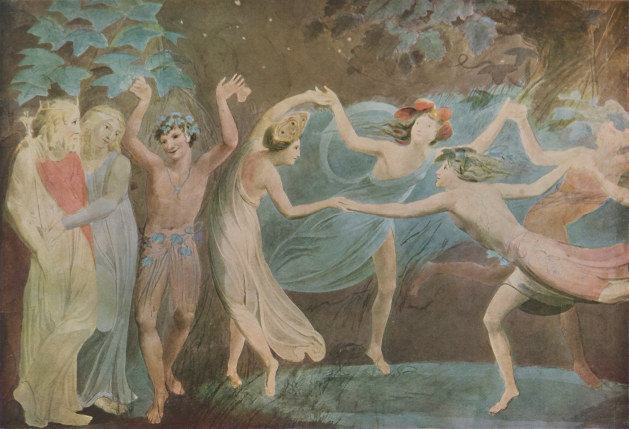Oberon, Titania och Puck med älvor som dansar, 1786 av William Blake