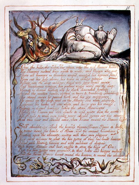 "Over the Hills", platta 16 från "America, a Prophecy" (Amerika, en profetia) av William Blake