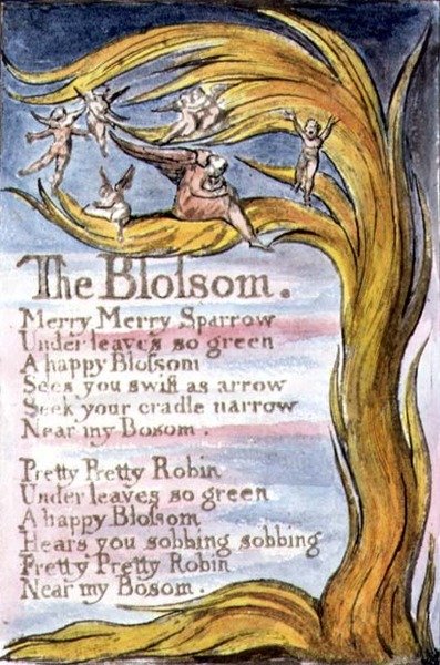 P.124-1950.pt10 The Blossom: plåt 10 från Songs of Innocence and of Experience (kopia R) c.1802-08 (etsning, tusch och akvarell) av William Blake