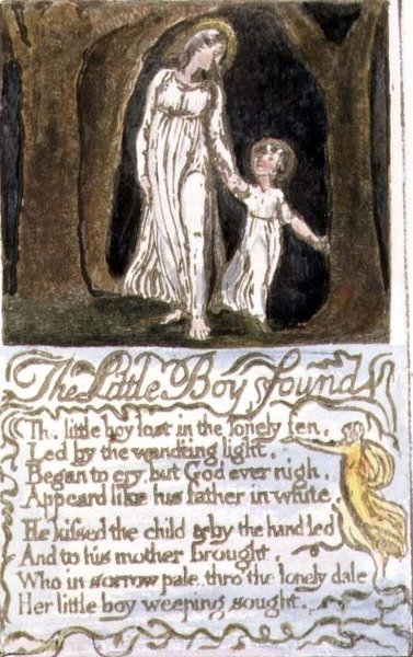 P.124-1950.pt13 The Little Boy Found: plåt 13 från Songs of Innocence and of Experience (kopia R) c.1802-08 (etsning, tusch och akvarell) av William Blake