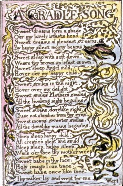 P.124-1950.pt15 A Cradle Song: plåt 15 från Songs of Innocence and of Experience (kopia R) c.1802-08 (etsning, tusch och akvarell) av William Blake