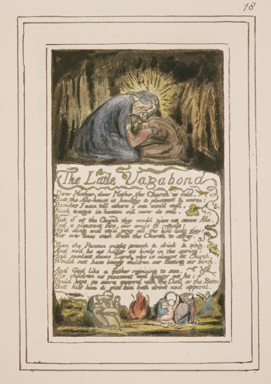 P.124-1950.pt46 Den lille vagabonden: plåt 46 från Songs of Innocence and of Experience (kopia R) c.1802-08 (etsning, bläck och wc) av William Blake