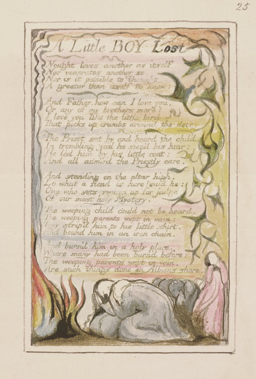P.124-1950.pt53 A Little Boy Lost: skylt 53 från Songs of Innocence and of Experience (kopia R) c.1802-08 (etsning, bläck och wc) av William Blake