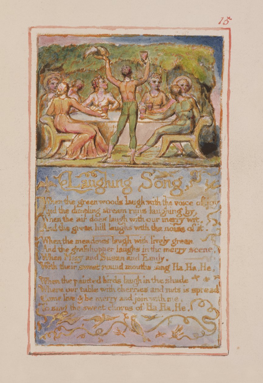 P.125-1950.pt15 Laughing Song: plåt 15 från Songs of Innocence and of Experience (kopia AA) c.1815-26 (etsning, bläck och wc) av William Blake