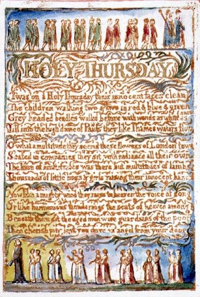 P.125-1950.pt19 Stilla torsdag: skylt 19 från Songs of Innocence and of Experience (kopia AA) c.1815-26 (etsning, bläck och akvarell) av William Blake