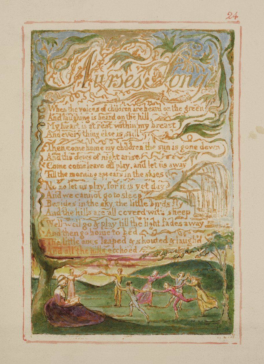 P.125-1950.pt24 Nurses Song: tavla 24 från Songs of Innocence and of Experience (kopia AA) c.1815-26 (etsning, bläck och wc) av William Blake