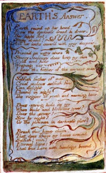 P.125-1950.pt31 Jordens svar: skylt 31 från Songs of Innocence and of Experience (kopia AA) c.1815-26 (etsning, bläck och akvarell) av William Blake