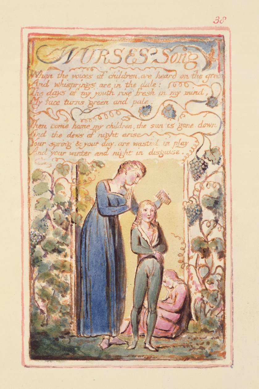 P.125-1950.pt38 Nurses Song: plåt 38 från Songs of Innocence and of Experience (kopia AA) c.1815-26 (etsning, bläck och wc) av William Blake