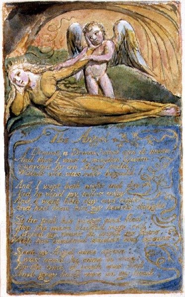 P.125-1950.pt41 Ängeln: plåt 41 från Songs of Innocence and of Experience (kopia AA) c.1815-26 (etsning, bläck och akvarell) av William Blake
