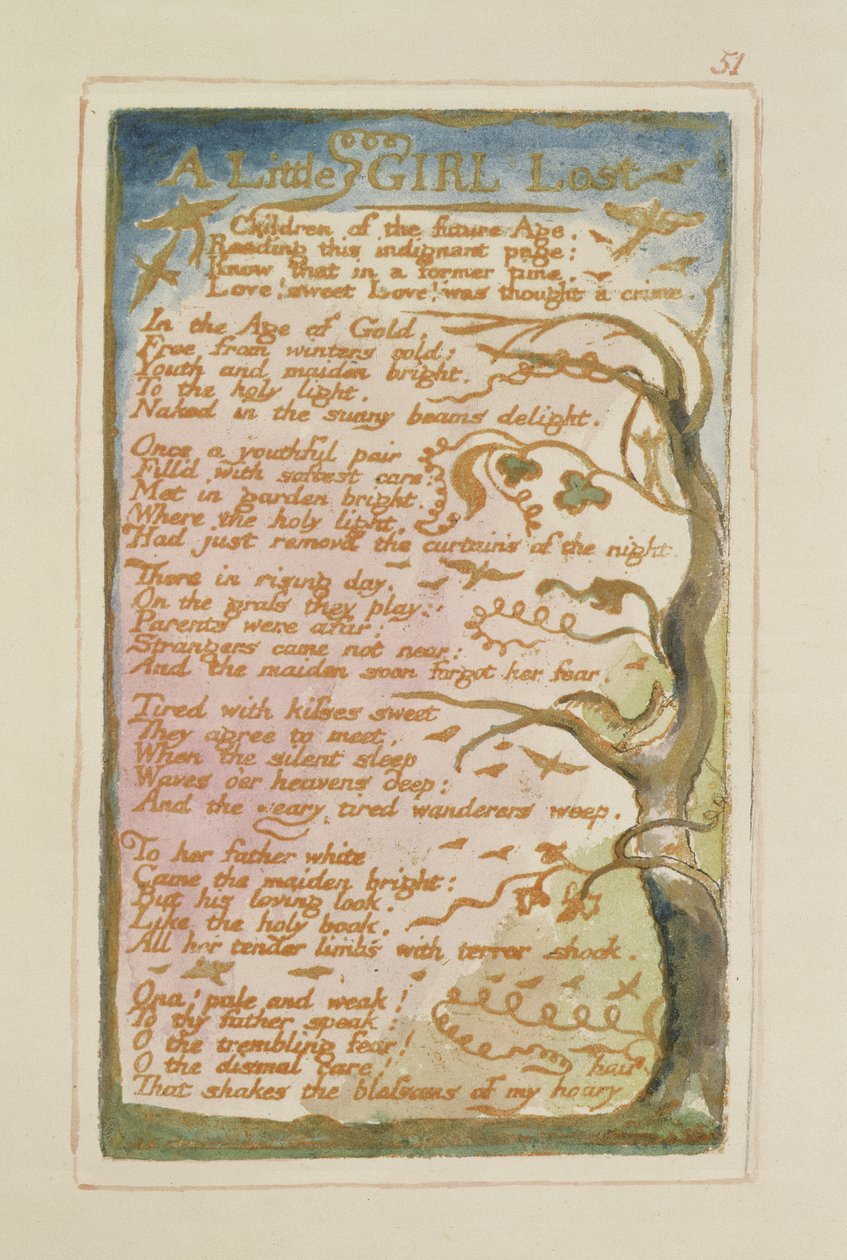 P.125-1950.pt51 A Little Girl Lost: skylt 51 från Songs of Innocence and of Experience (kopia AA) c.1815-26 (etsning, bläck och wc) av William Blake