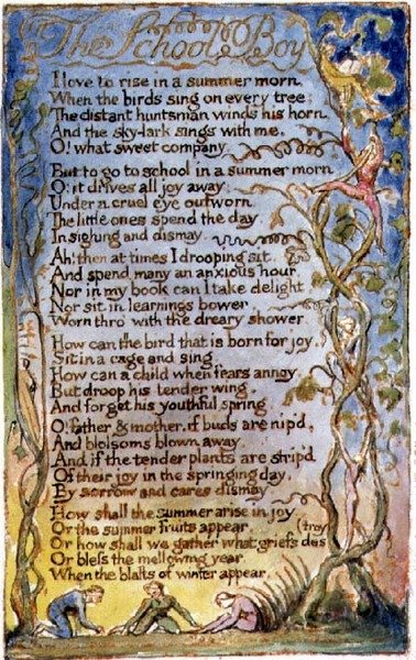 P.125-1950.pt53 The School Boy: skylt 53 från Songs of Innocence and of Experience (kopia AA) c.1815-26 (etsning, tusch och akvarell) av William Blake