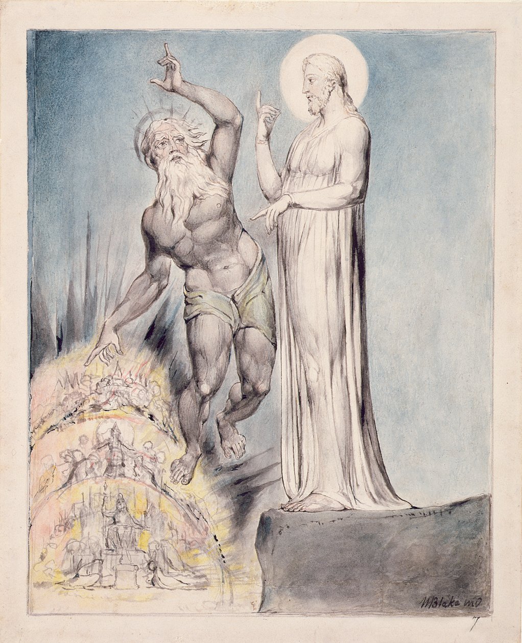PD.19-1950 Satan frestar Kristus med jordens rike från Miltons "Paradise Regained", bok III rad 251-426, c.1816-18 (penna och bläck, grå tvätt och wc på papper) av William Blake
