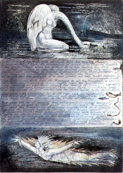 Tavla II, Jerusalem, ca 1804-20. Albions döttrar representerade av svanliknande och fiskliknande varelser av William Blake