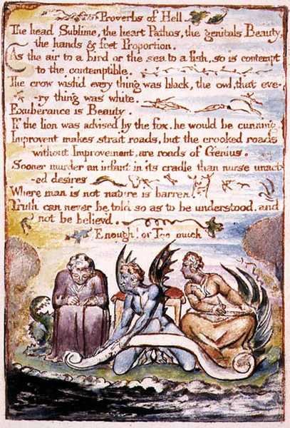 Helvetets ordspråk, illustration och text från "The Marriage of Heaven and Hell", ca 1790-3 (reliefgravyr med penn- och akvarellfärg som avslutning) av William Blake