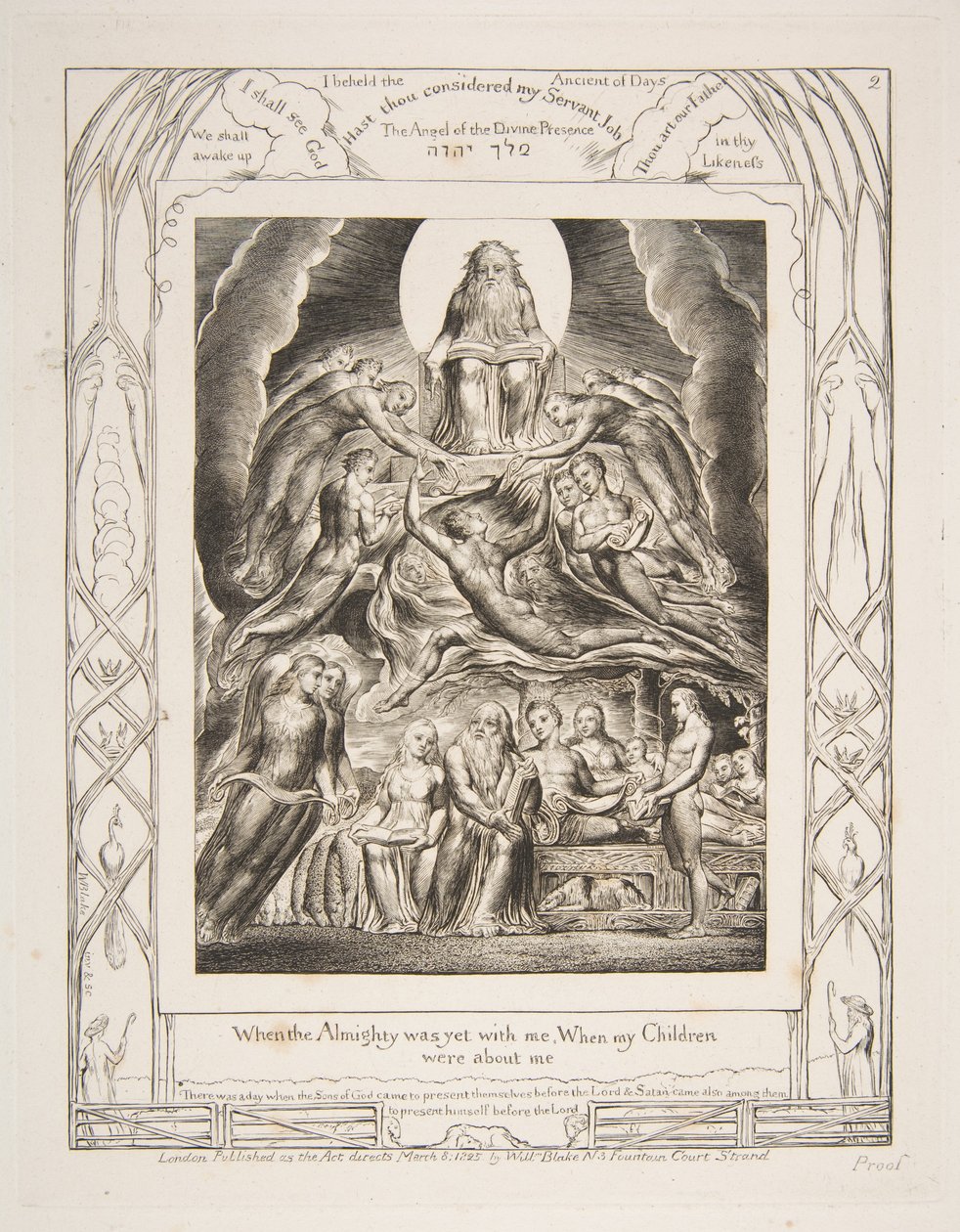 Satan inför Guds tron, från illustrationer av Jobs bok, 1825-26. av William Blake