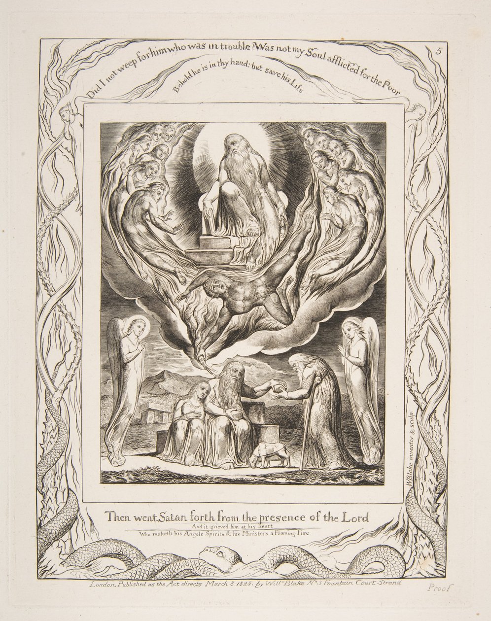 Satan går ut från Herrens närvaro, från illustrationer av Jobs bok, 1825-26. av William Blake