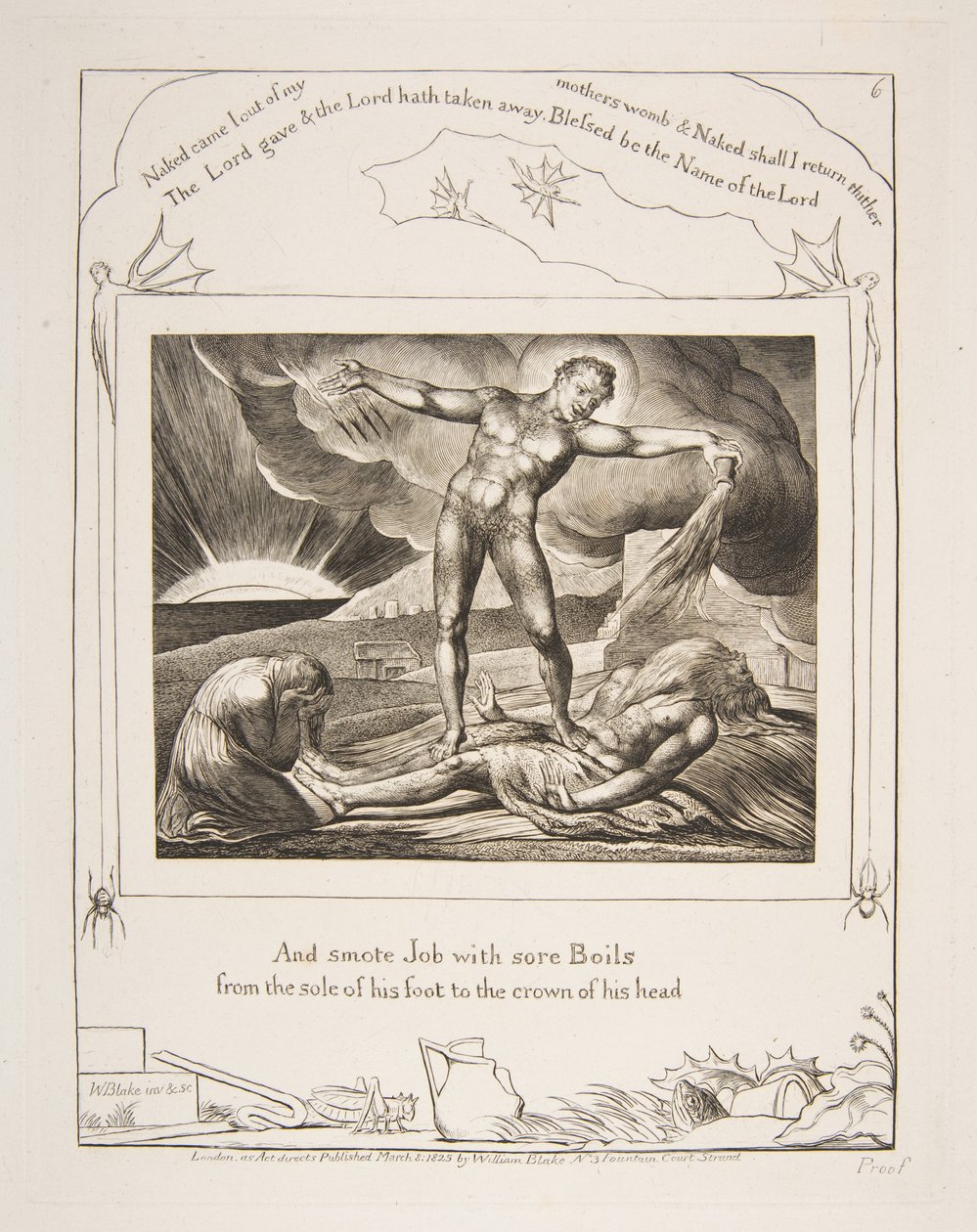 Satan slår jobb med bölder, från illustrationer av Jobs bok, 1825-26. av William Blake