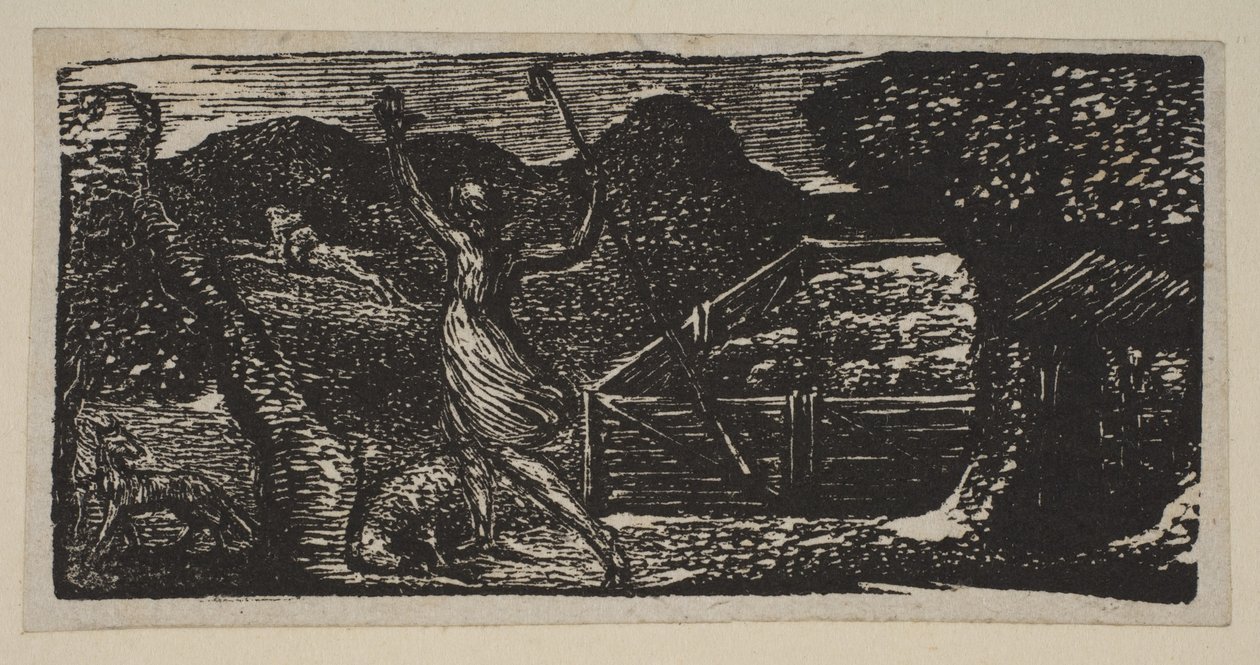 Shepherd Chases Away a Wolf, från Thorntons Pastorals of Virgil, 1821. av William Blake