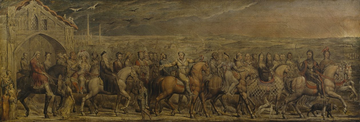 Sir Jeffrey Chaucer (ca 1342-1400) och de nio och tjugo pilgrimerna på deras resa till Canterbury (tempera på duk) av William Blake