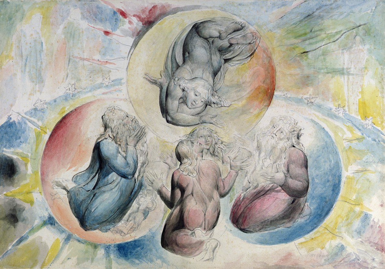 Sankt Peter, Sankt Jakob, Dante och Beatrice med Sankt Johannes Även ur "Den gudomliga komedin" av Dante Alighieri" 1824-27 (penna, bläck och akvarell över blyerts på papper) av William Blake