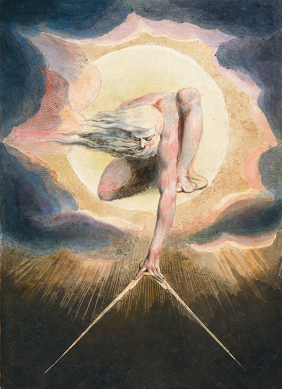 Dagarnas urgamla - Urizen mäter ut den materiella världen - Urizen mäter den materiella världen. Illustration av framsidan av boken "" Europa. Till profetia." Teckning av William Blake (1757-1827) av William Blake