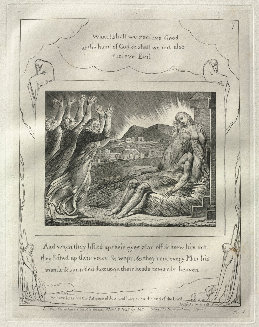Jobs bok: nr 7, Och när de hade lyft upp sina ögon på avstånd och inte kände honom..., 1825. av William Blake