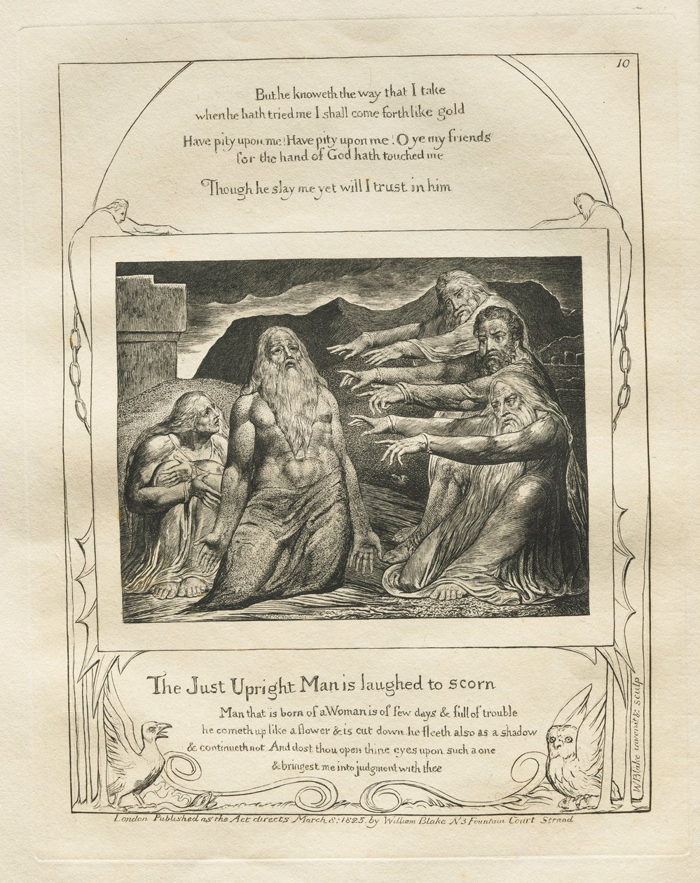 Jobs bok: Pl. 10, Den rättfärdiga mannen skrattas till förakt, 1825. av William Blake