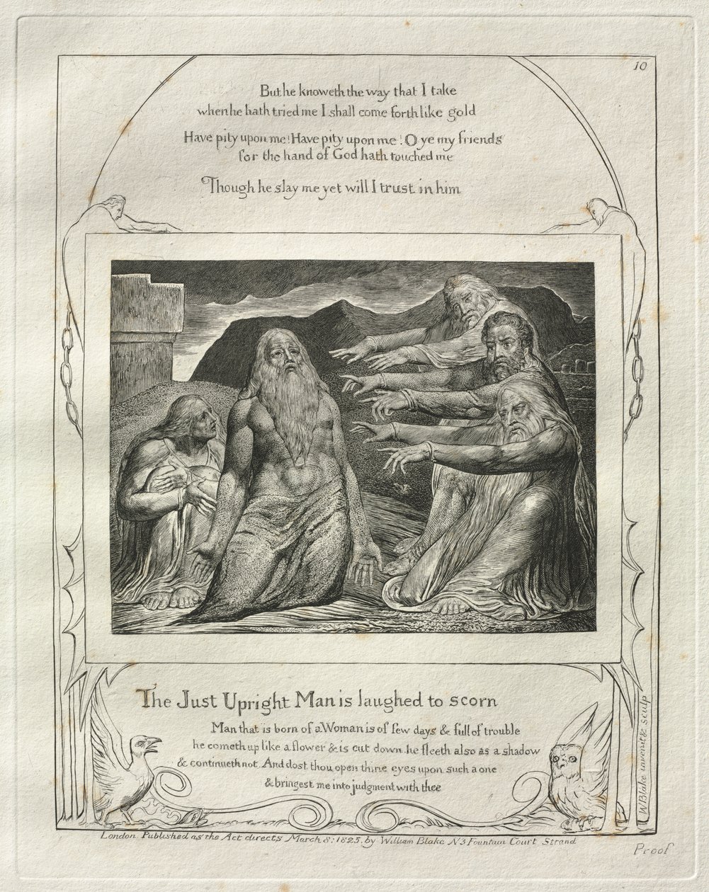 Jobs bok: Pl. 10, The Just Upright Man utskrattas till förakt av William Blake