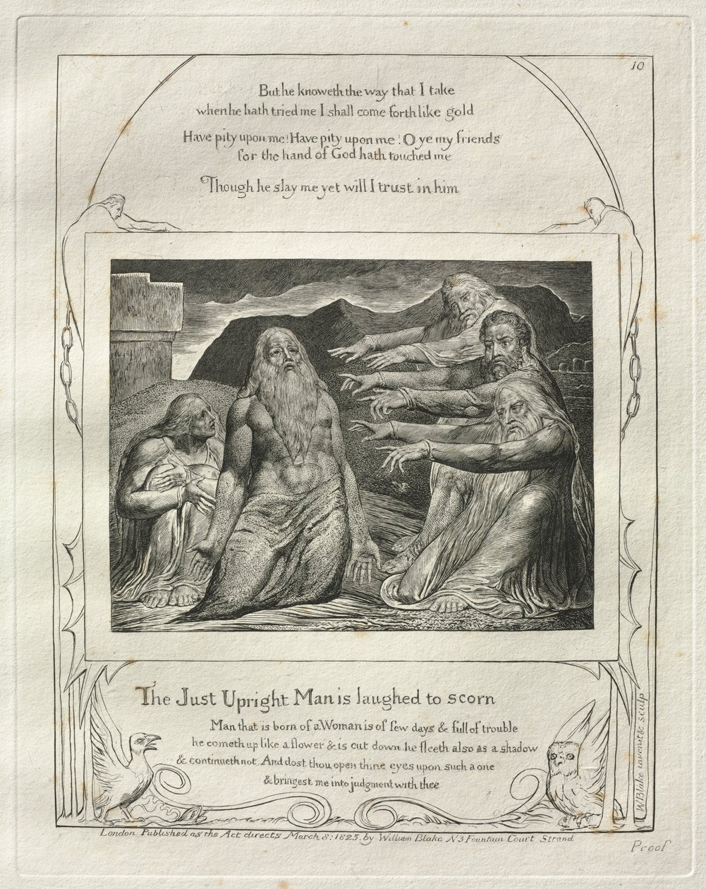 Jobs bok: Pl. 10, Den rättfärdiga mannen skrattas till förakt, 1825. av William Blake