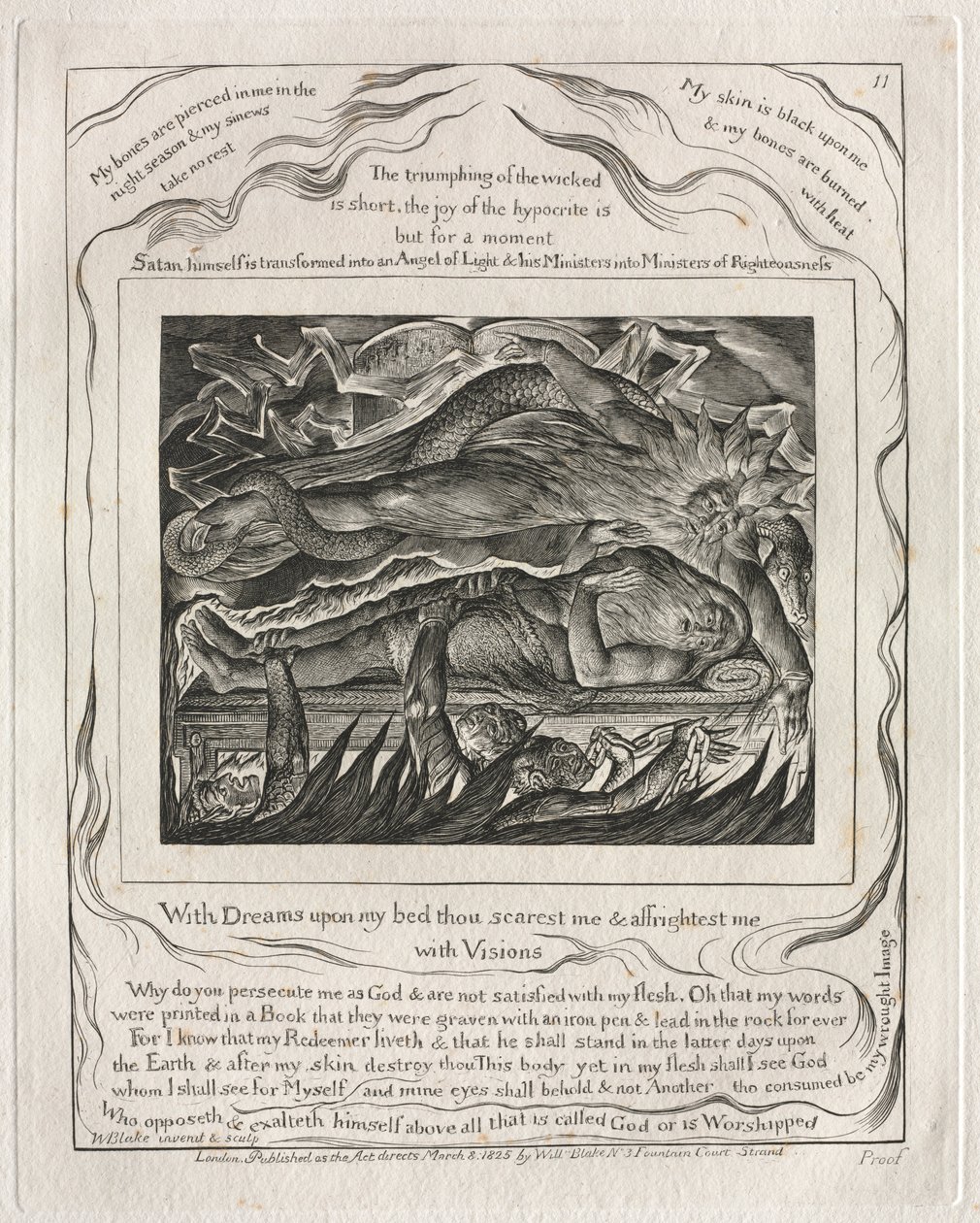 Jobs bok: Pl. 11, Med drömmar på min säng skrämmer du mig och skrämmer mig..., 1825. av William Blake