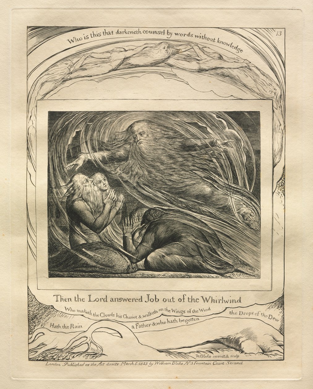 Jobs bok: Pl. 13, Då svarade Herren Job ur virvelvinden, 1825. av William Blake
