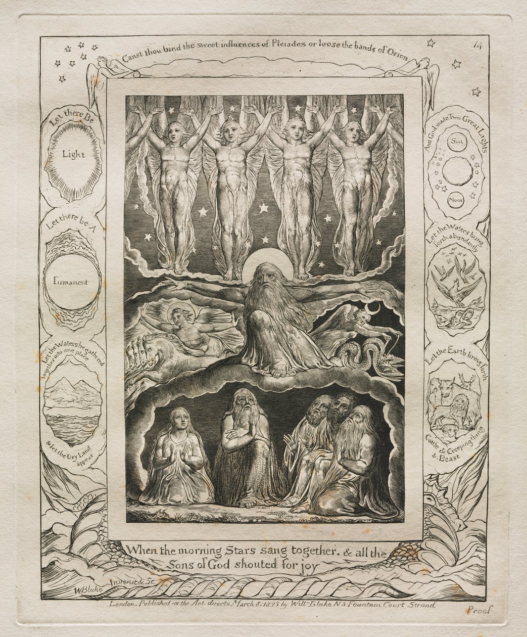 Jobs bok: Pl. 14, När morgonstjärnorna sjöng tillsammans, och alla sönerna..., 1825. av William Blake