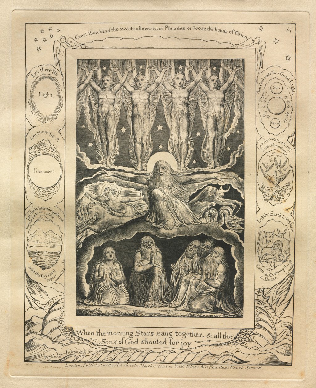 Jobs bok: Pl. 14, När morgonstjärnorna sjöng tillsammans, och alla Guds söner..., 1825. av William Blake