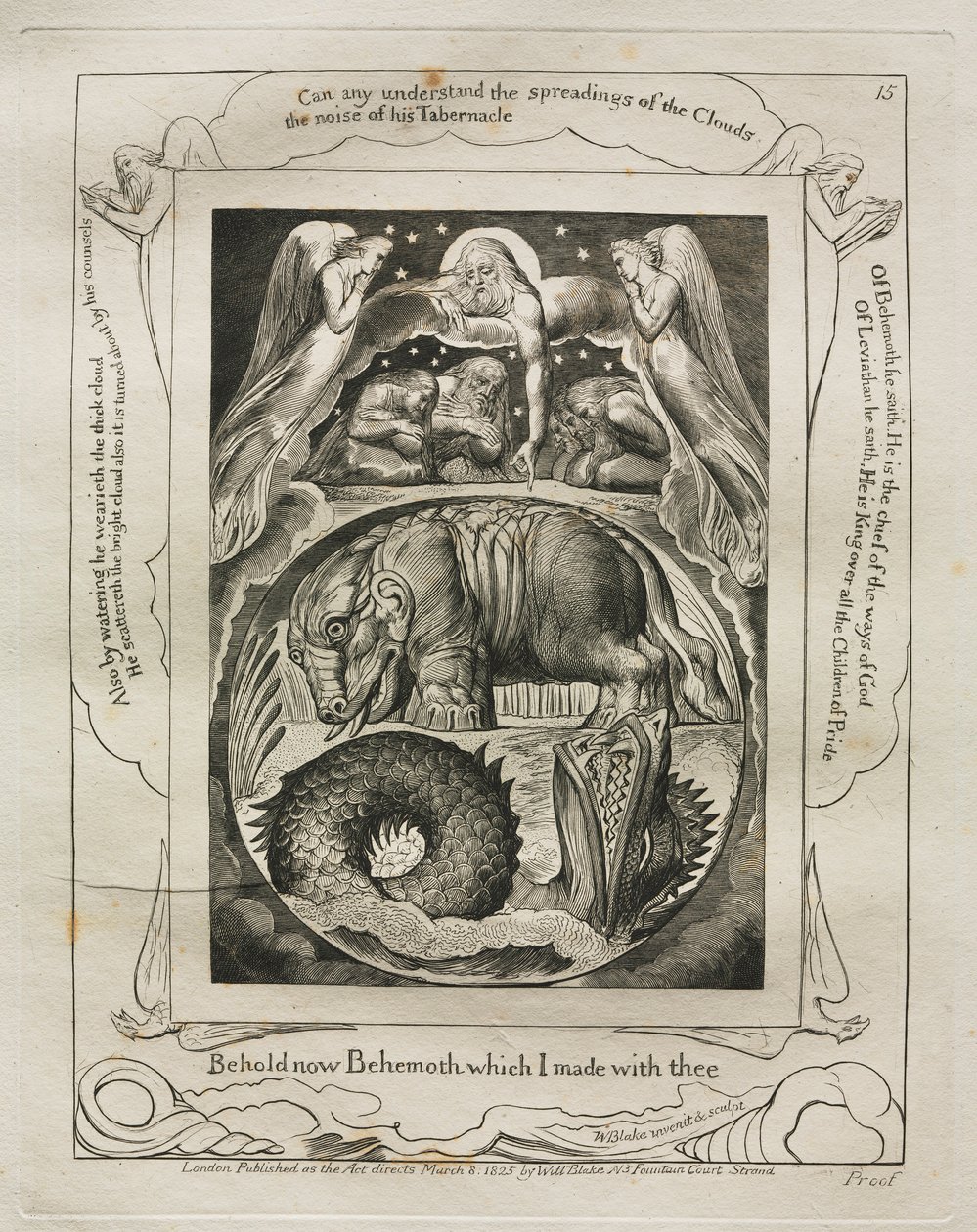 Jobs bok: Pl. 15, Se nu Behemoth som jag gjorde med dig, 1825. av William Blake