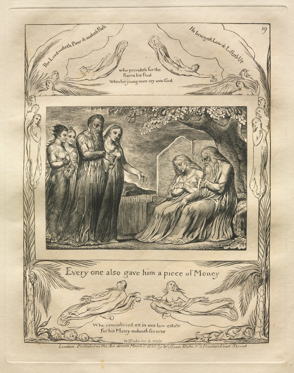 Jobs bok: Pl. 19, Var och en gav honom också en bit pengar, 1825. av William Blake