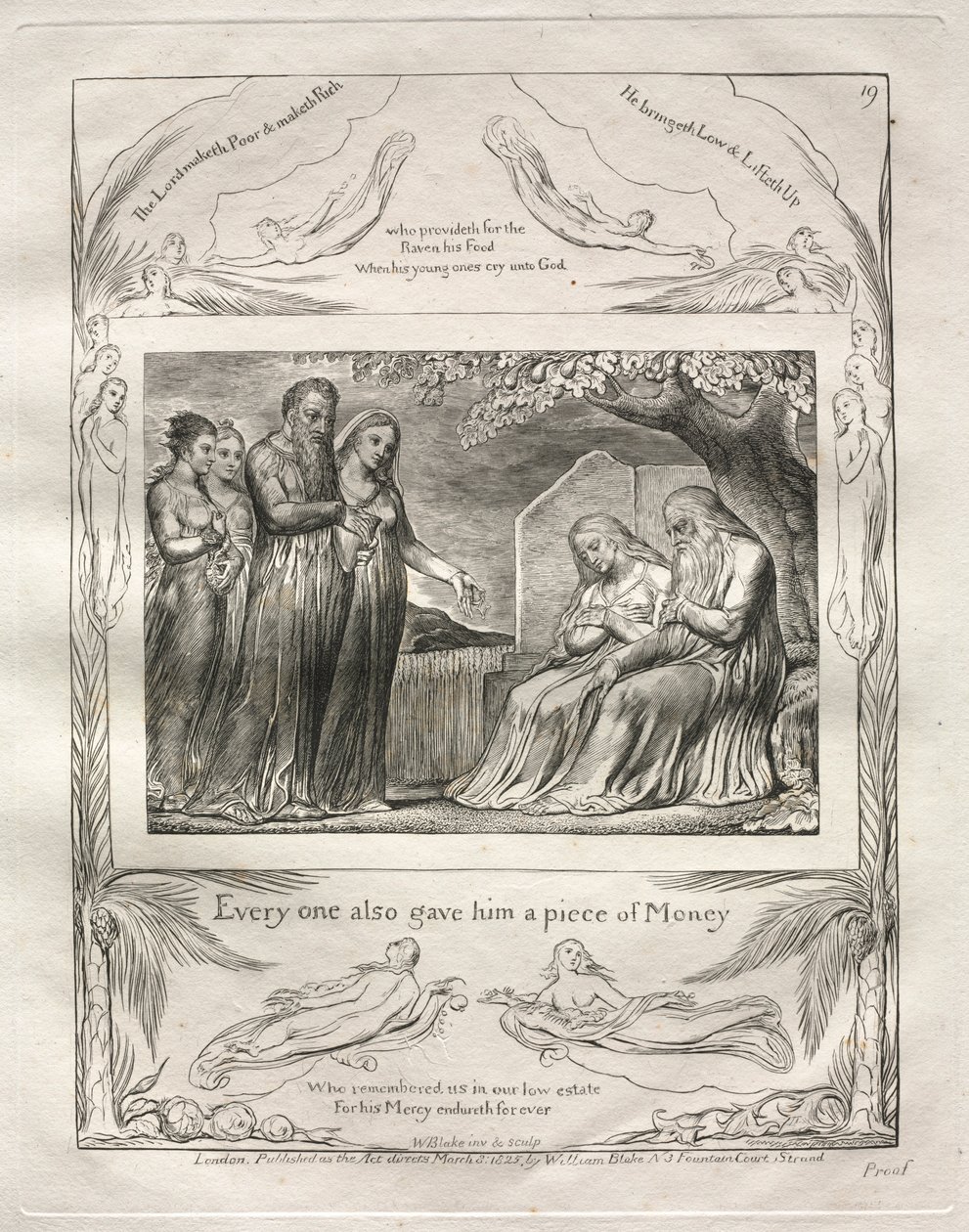 Jobs bok: Pl. 19, Var och en gav honom också en bit pengar, 1825. av William Blake