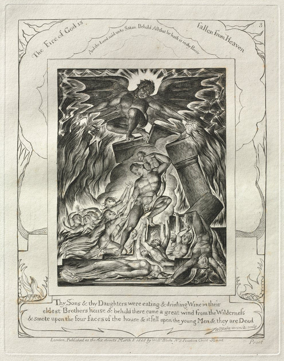 Jobs bok: Pl. 3, Dina söner och dina döttrar åt och drack vin..., 1825. av William Blake