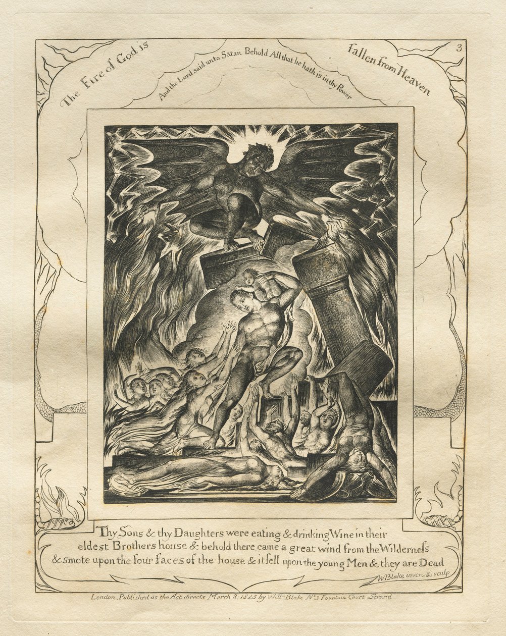 Jobs bok: Pl. 3, Dina söner och dina döttrar åt och drack vin..., 1825. av William Blake
