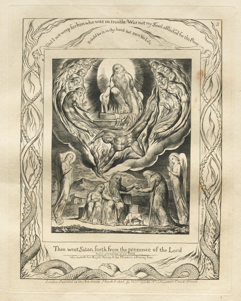 Jobs bok: Pl. 5, Sedan gick Satan ut från Herrens närvaro, 1825. av William Blake