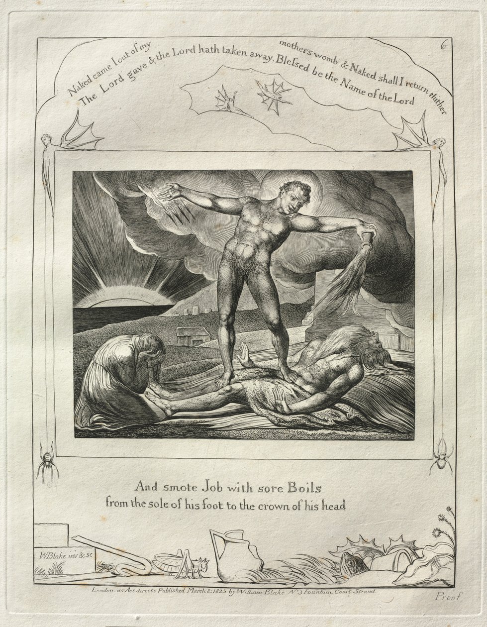 Jobs bok: Pl. 6, Och slog Job med ömma bölder från fotsulan..., 1825. av William Blake