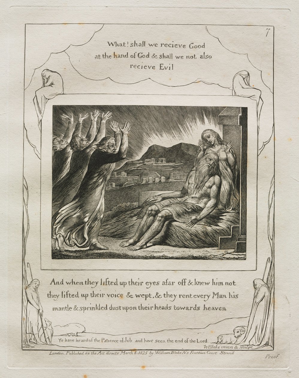 Jobs bok: Pl. 7, Och när de lyfte upp sina ögon på avstånd och kände honom inte..., 1825. av William Blake