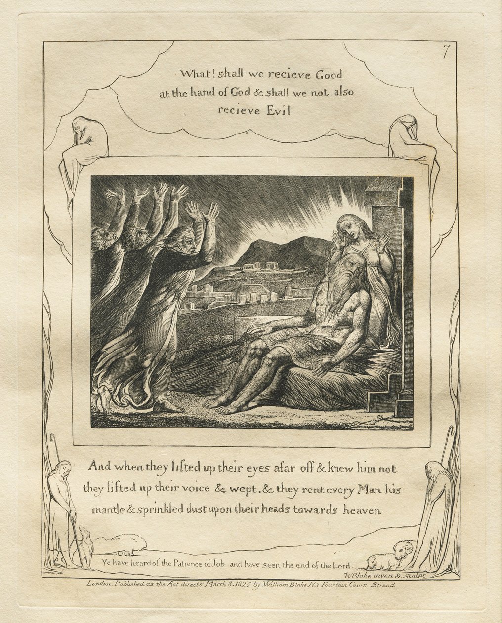 Jobs bok: Pl. 7, Och när de lyfte upp sina ögon på avstånd och kände honom inte..., 1825. av William Blake