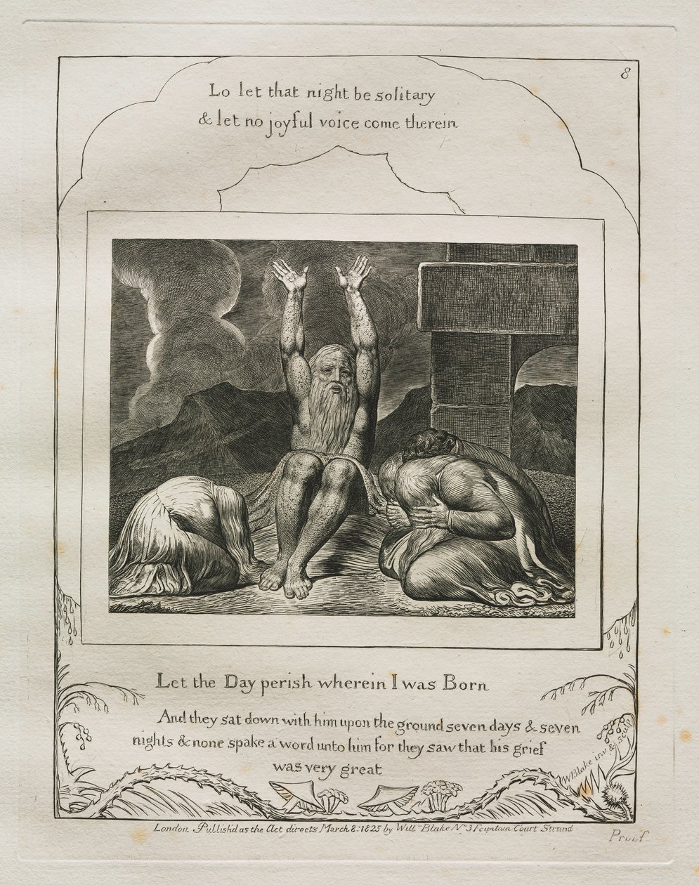Jobs bok: Pl. 8, Låt dagen förgås då jag föddes, 1825. av William Blake