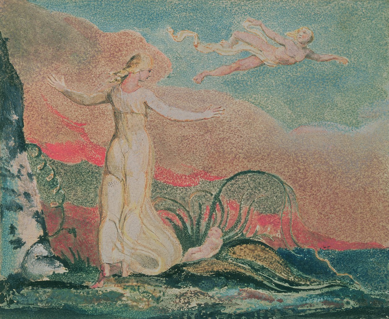 Thel-boken; Plåt 4 Thel in the Vale of Har, 1794 (färgtryckt reliefetsning) av William Blake