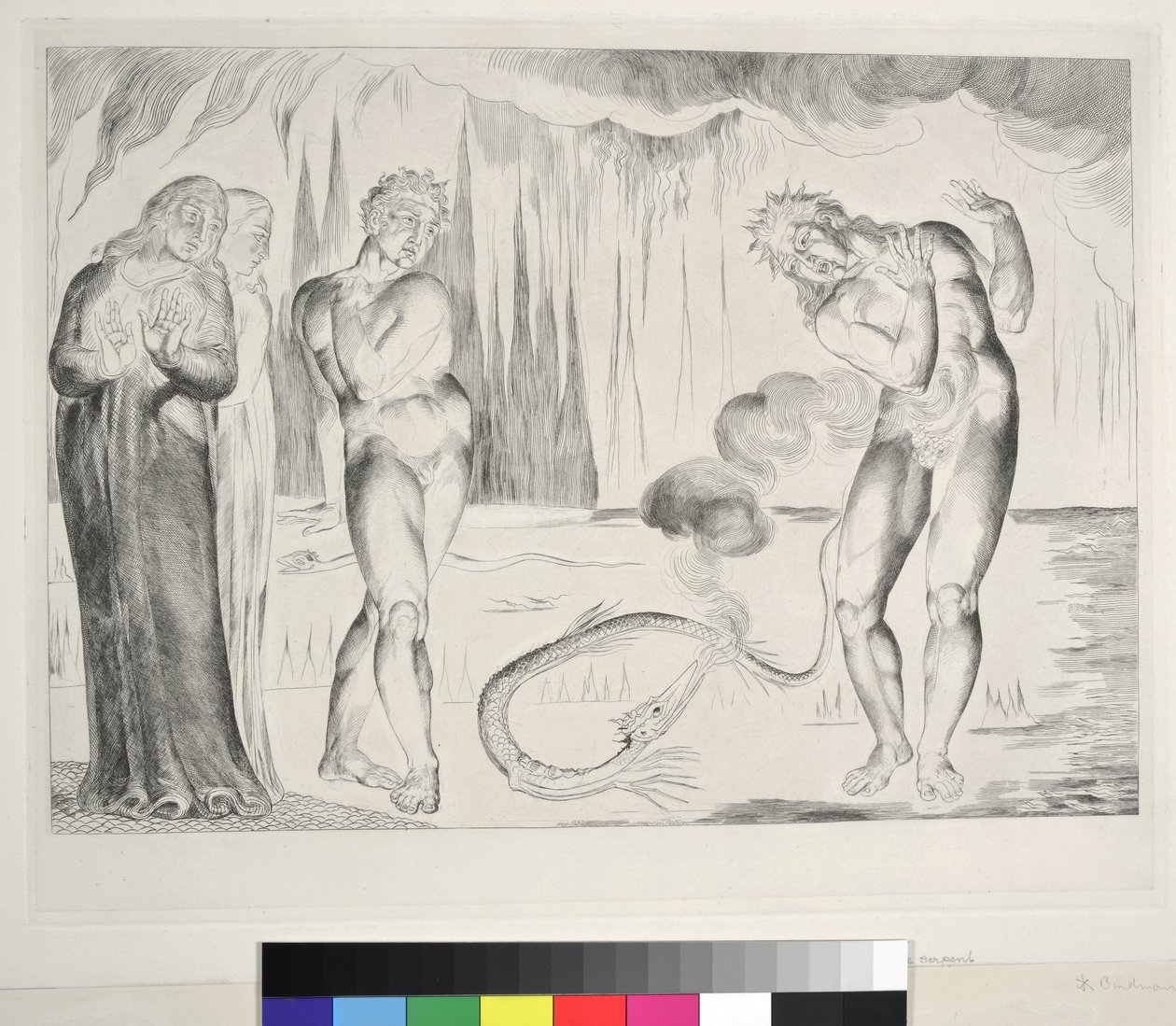 The Circle of Thieves: Buoso Donati Attacked by the Serpent, Inferno, Canto XXV, illustration till "Divine Comedy" av Dante Alighieri, 1827 av William Blake